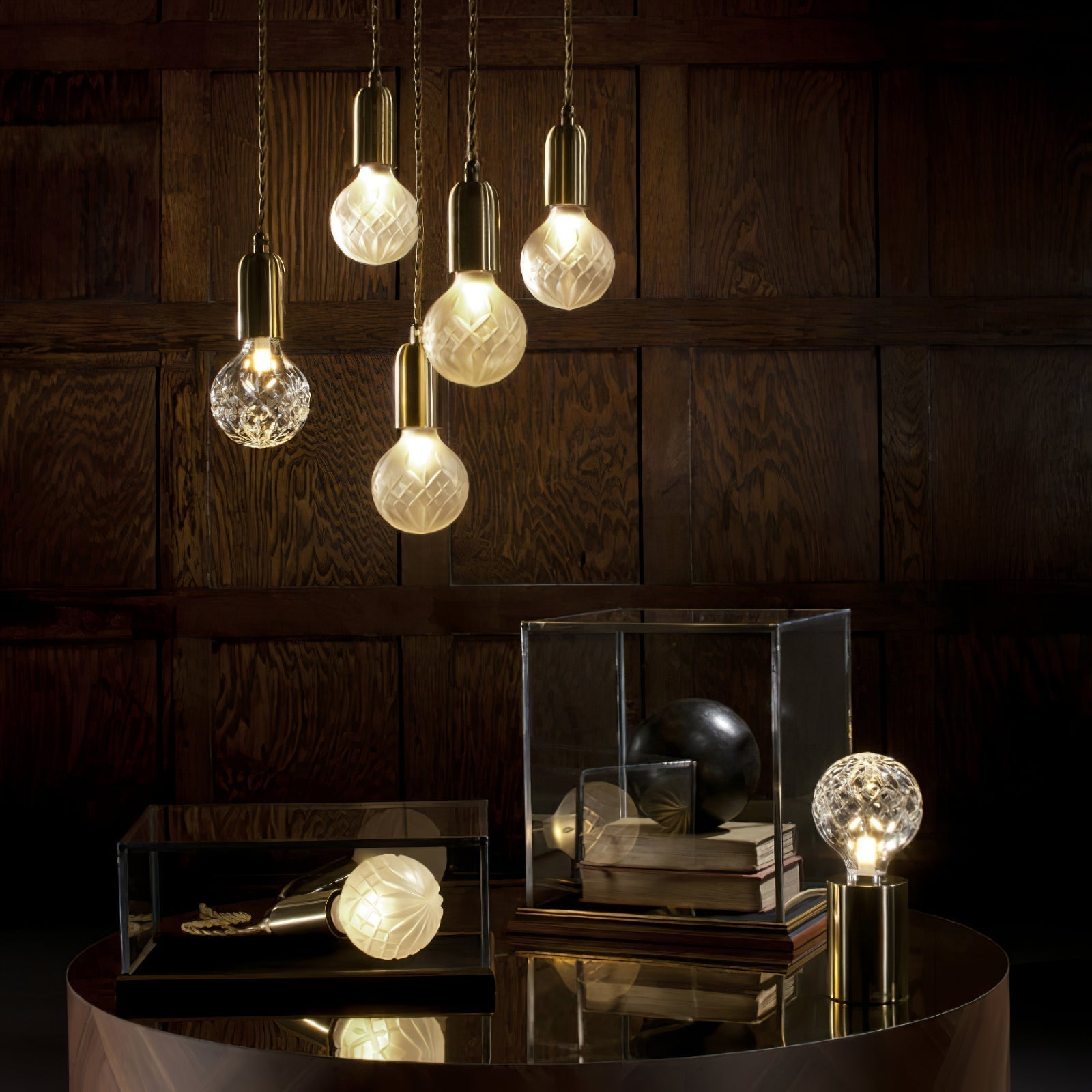 Clear Crystal Glass Sphere Table Lamp with Brass Base and G9 LED Bulb for Bedroom
