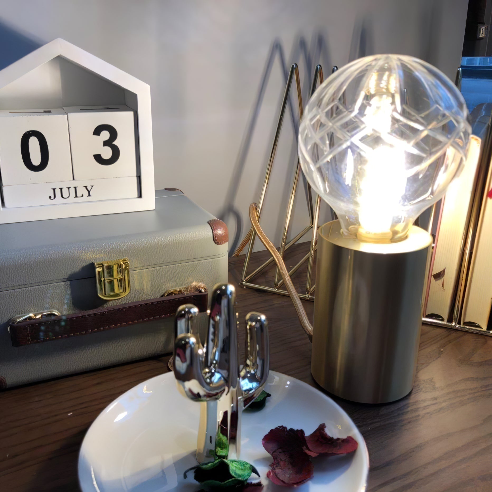 Clear Crystal Glass Sphere Table Lamp with Brass Base and G9 LED Bulb for Bedroom