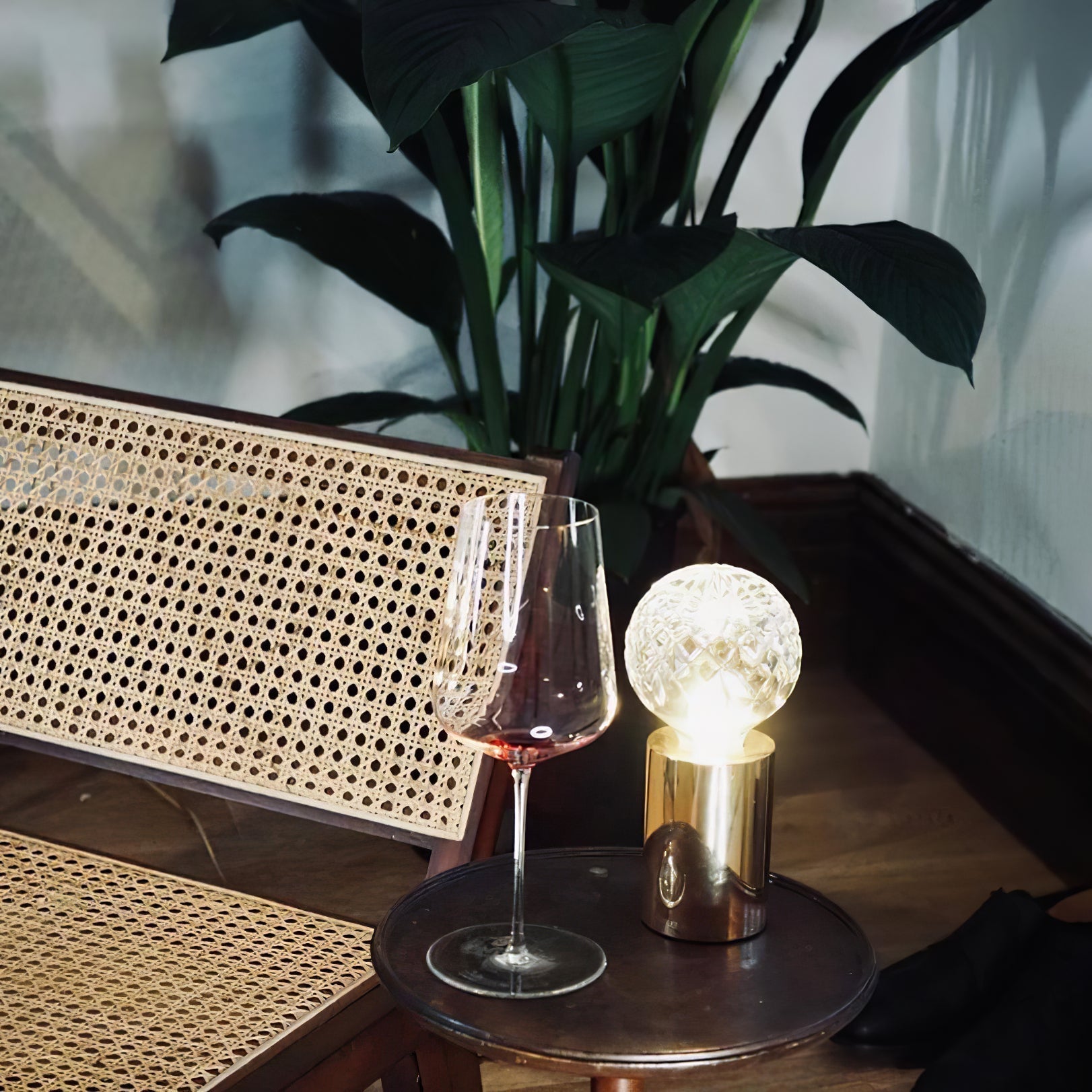 Clear Crystal Glass Sphere Table Lamp with Brass Base and G9 LED Bulb for Bedroom