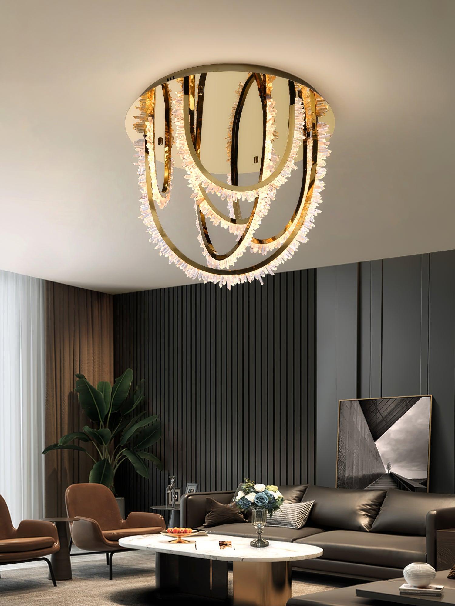 Modern Geometric Crystal Corde Flush Mount Ceiling Light Stainless Steel LED Fixture Gold Finish