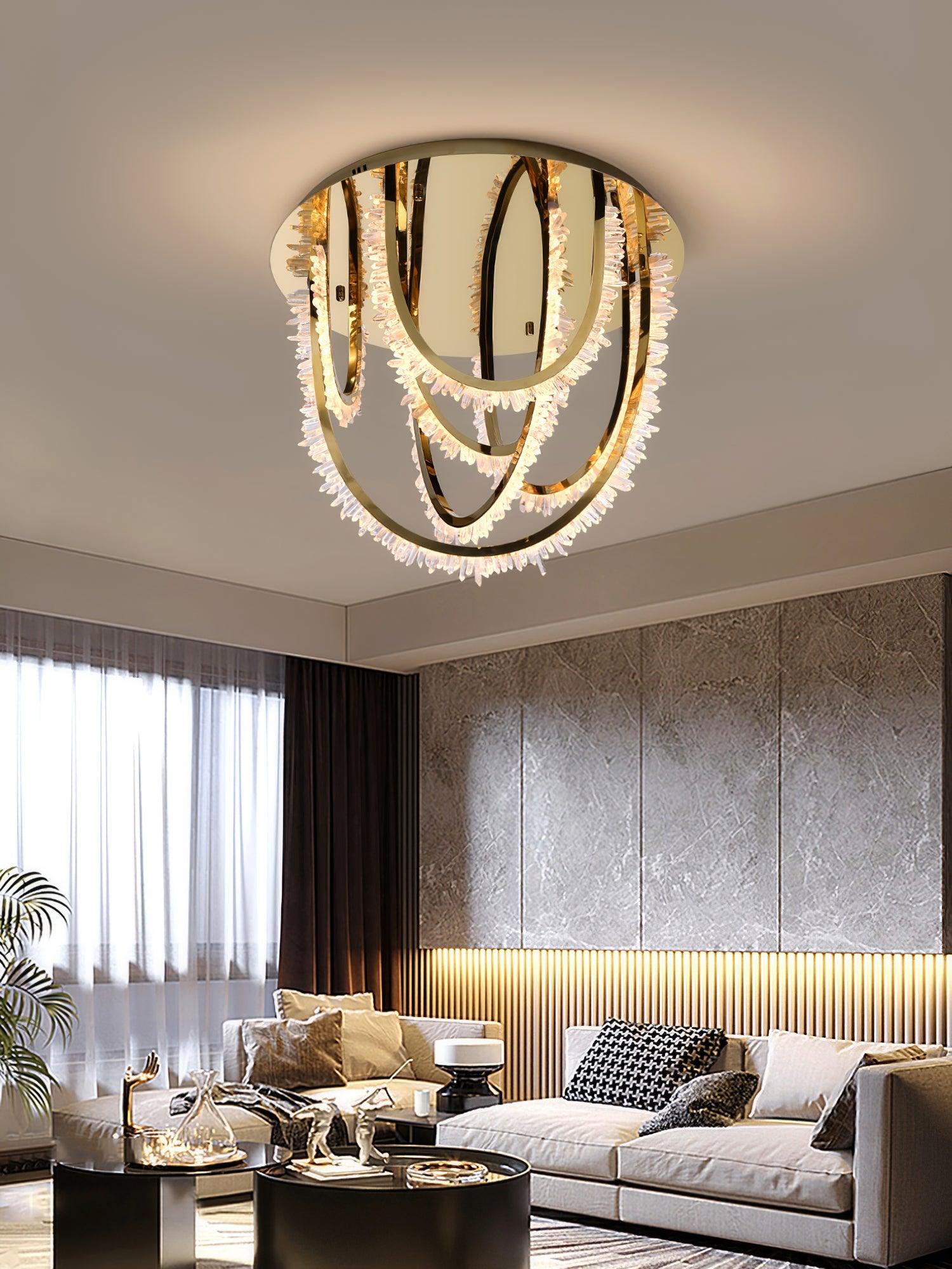 Modern Geometric Crystal Corde Flush Mount Ceiling Light Stainless Steel LED Fixture Gold Finish