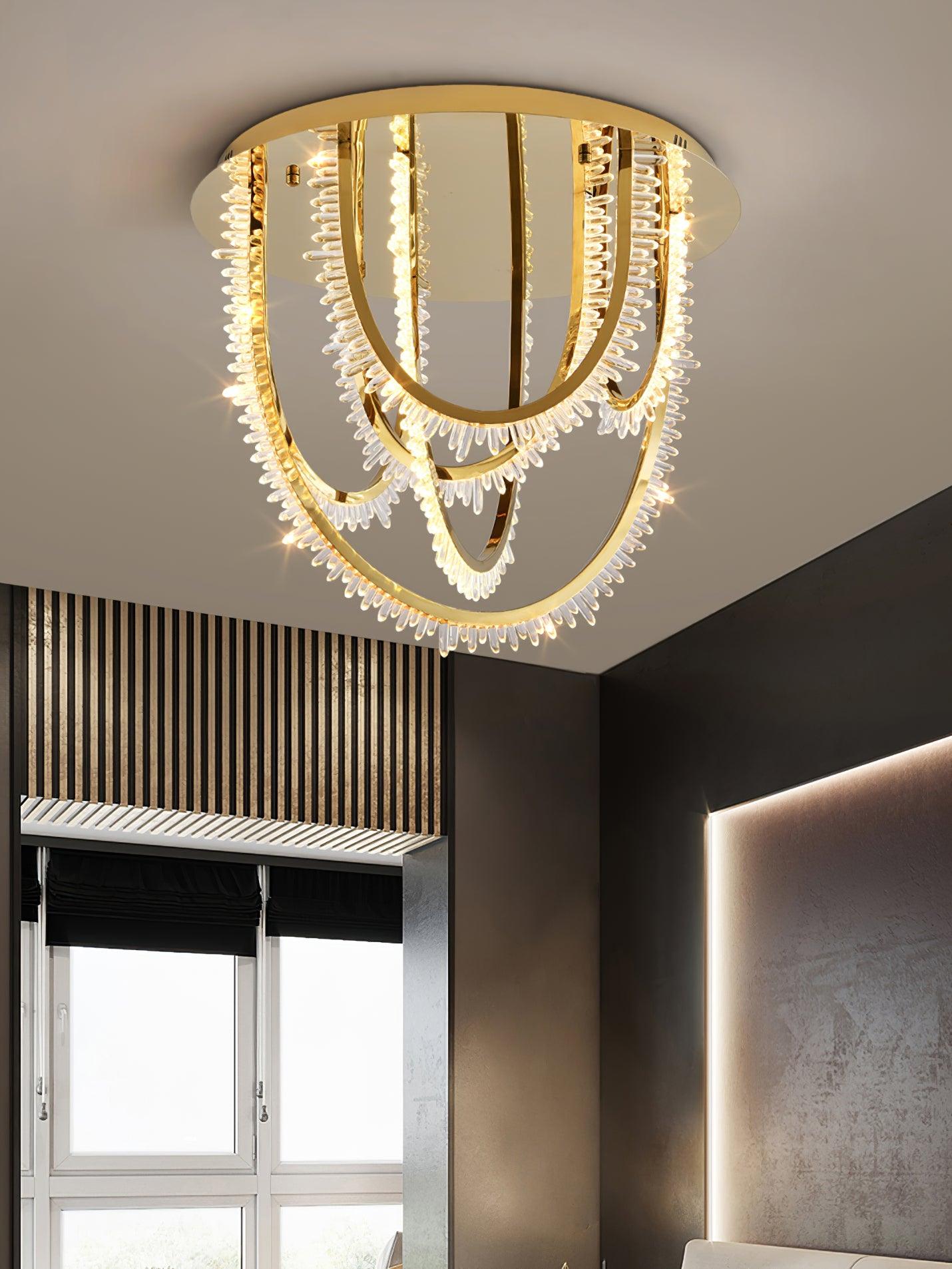 Modern Geometric Crystal Corde Flush Mount Ceiling Light Stainless Steel LED Fixture Gold Finish