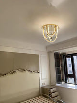 Modern Geometric Crystal Corde Flush Mount Ceiling Light Stainless Steel LED Fixture Gold Finish
