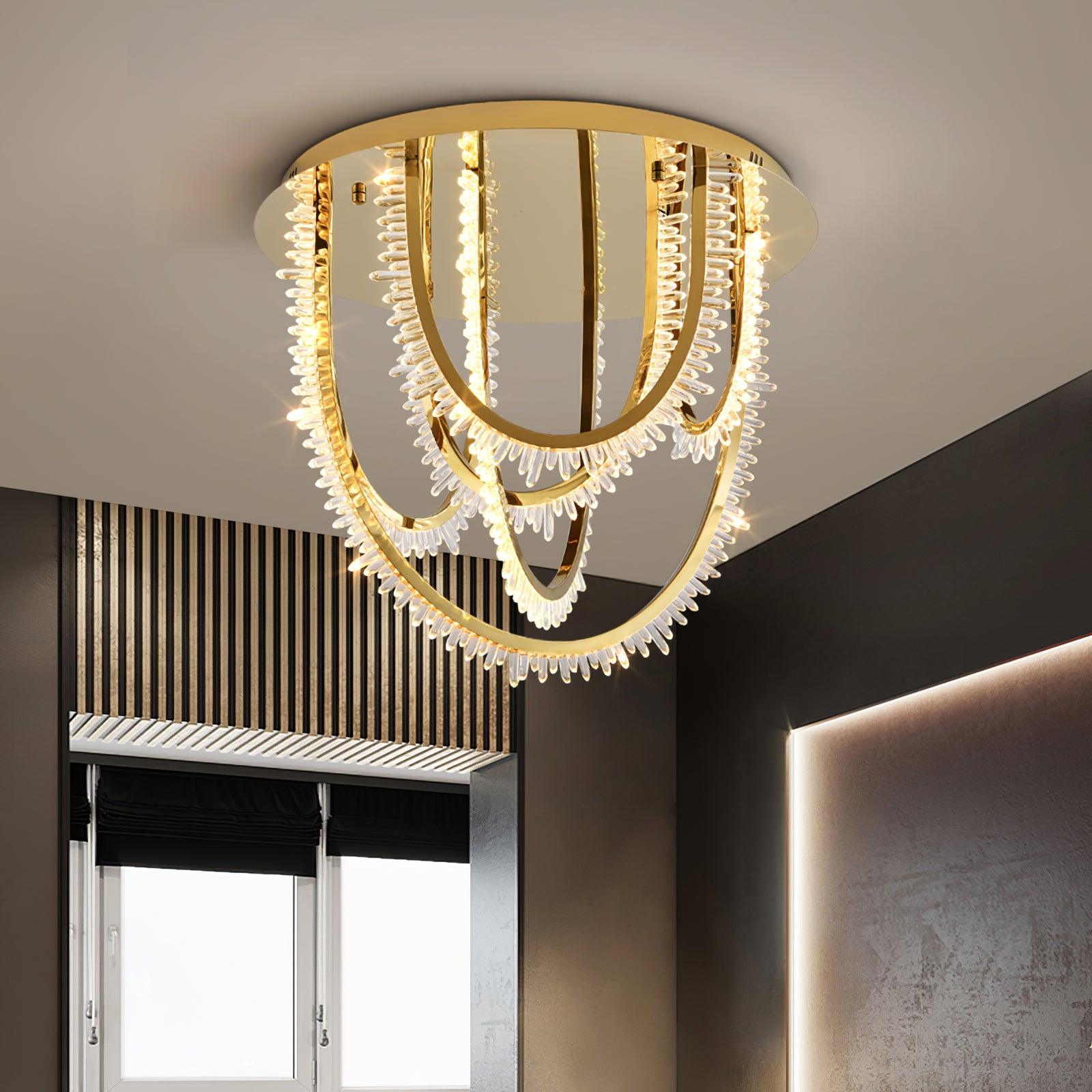 Modern Geometric Crystal Corde Flush Mount Ceiling Light Stainless Steel LED Fixture Gold Finish