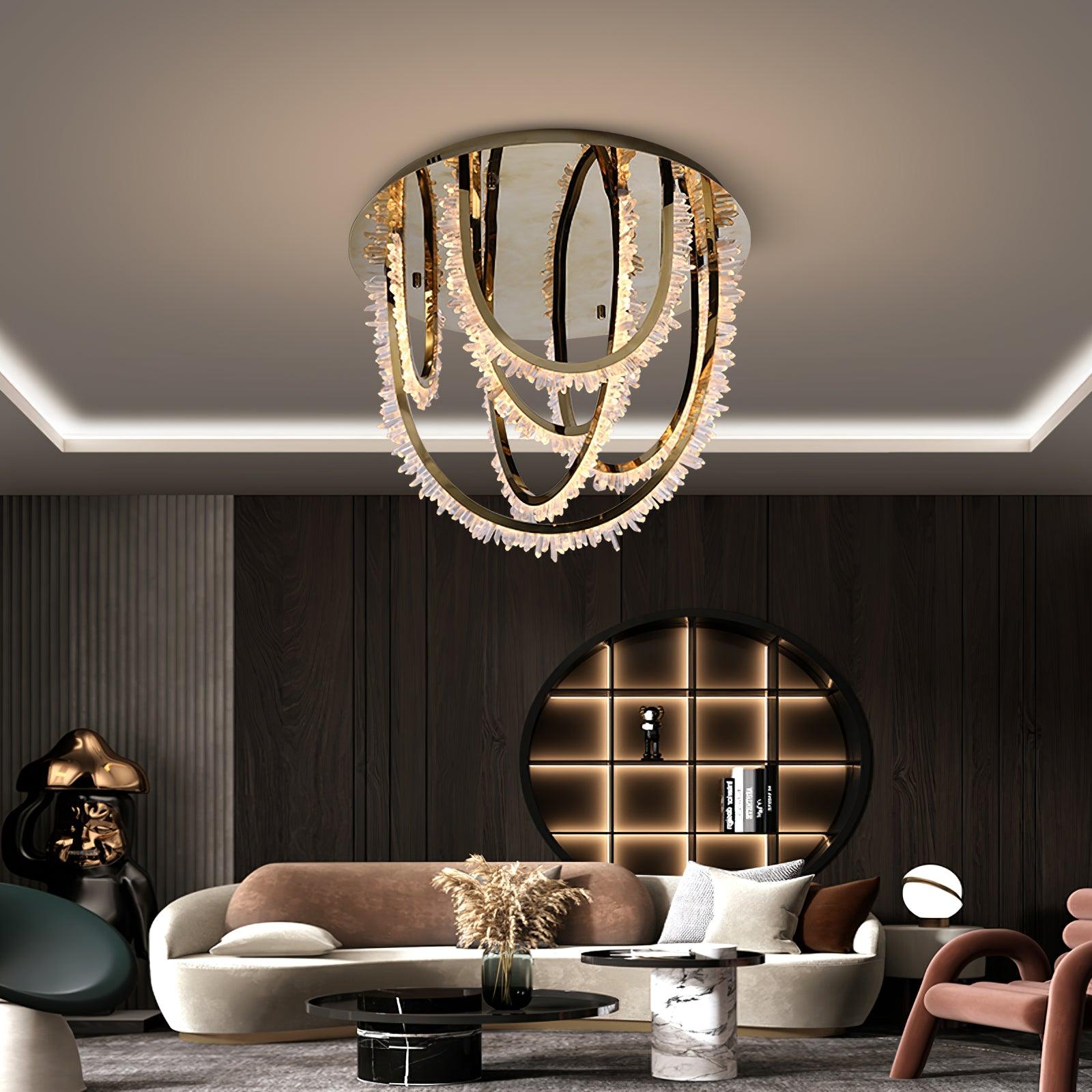 Modern Geometric Crystal Corde Flush Mount Ceiling Light Stainless Steel LED Fixture Gold Finish