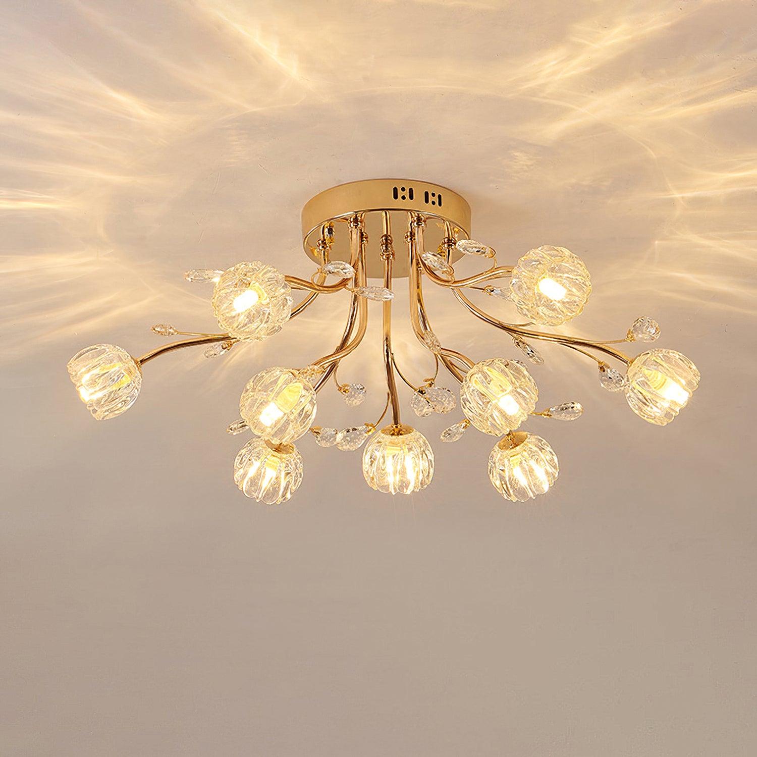 Elegant Luxury Crystal Flower Flush Mount Ceiling Light in Gold Finish