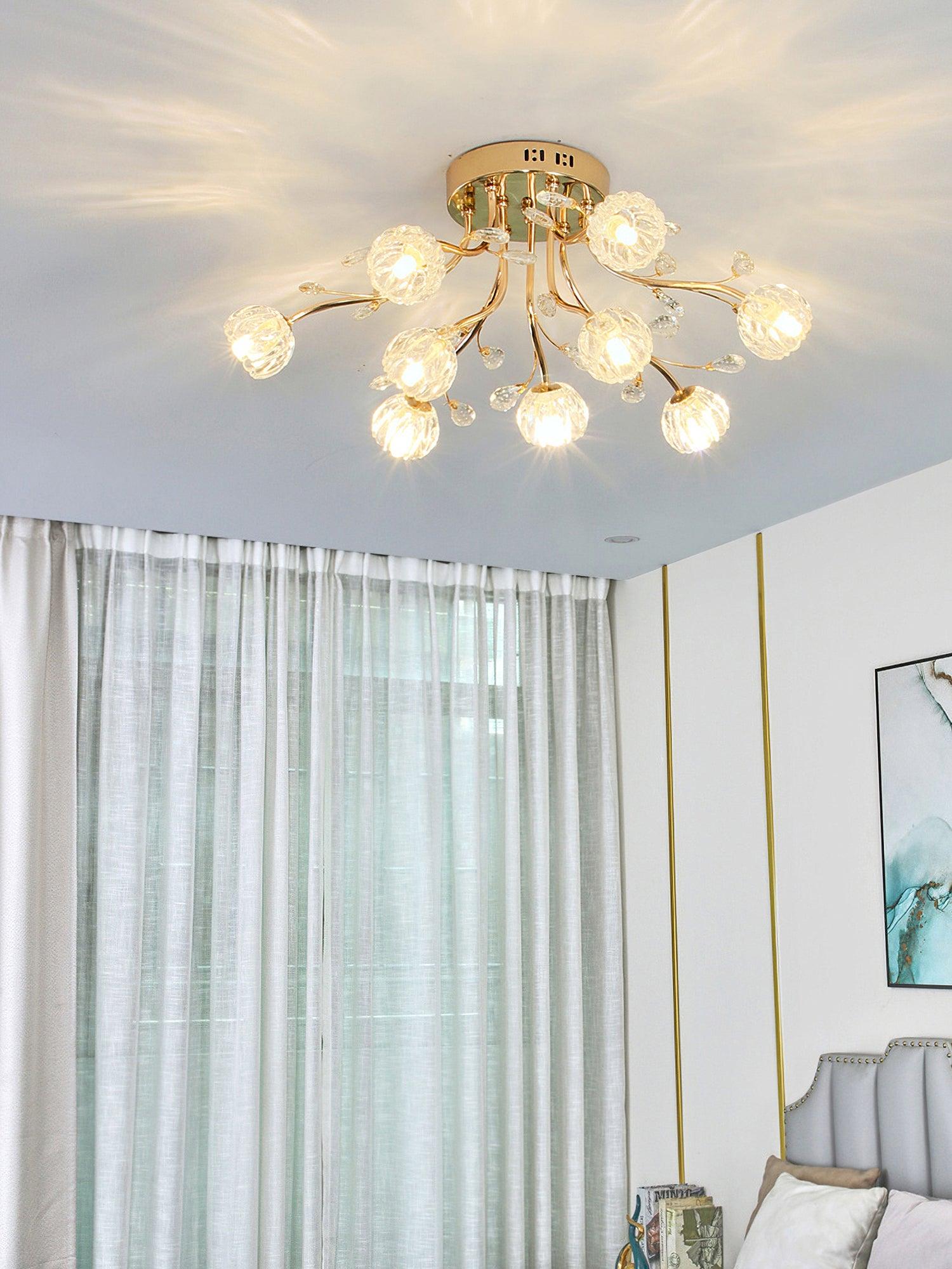 Elegant Luxury Crystal Flower Flush Mount Ceiling Light in Gold Finish