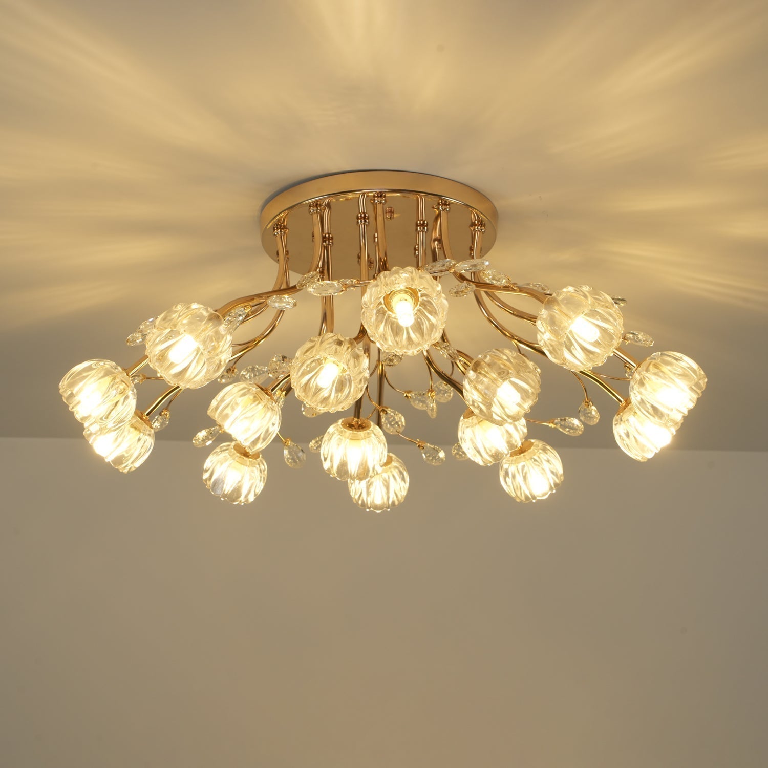 Elegant Luxury Crystal Flower Flush Mount Ceiling Light in Gold Finish