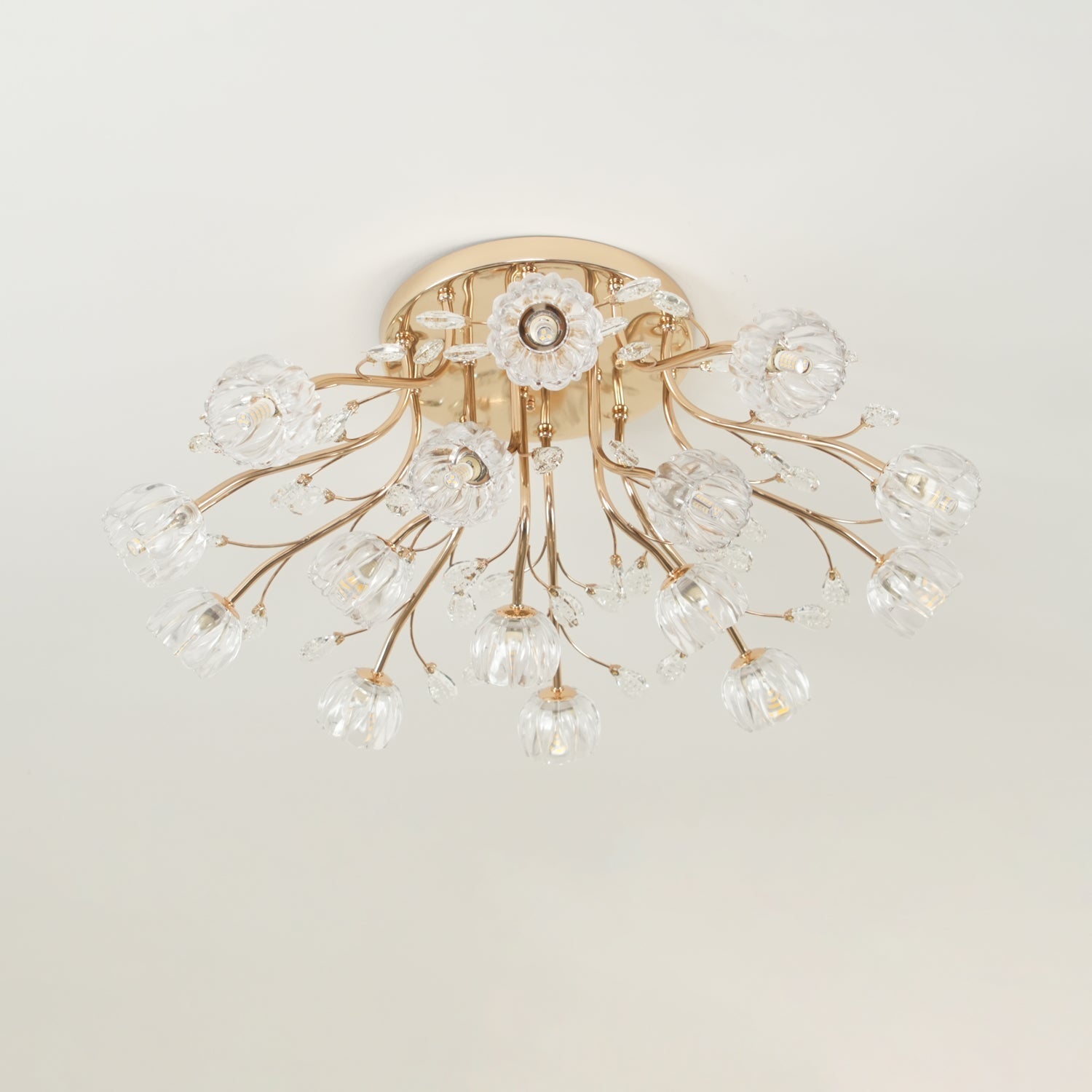 Elegant Luxury Crystal Flower Flush Mount Ceiling Light in Gold Finish