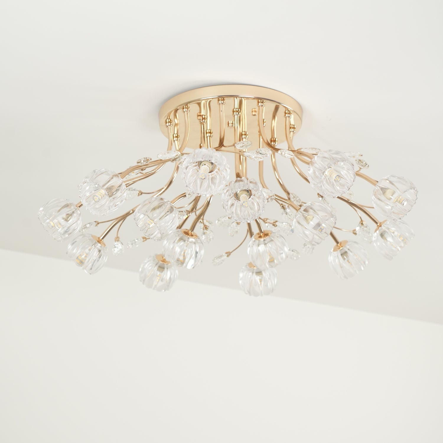 Elegant Luxury Crystal Flower Flush Mount Ceiling Light in Gold Finish