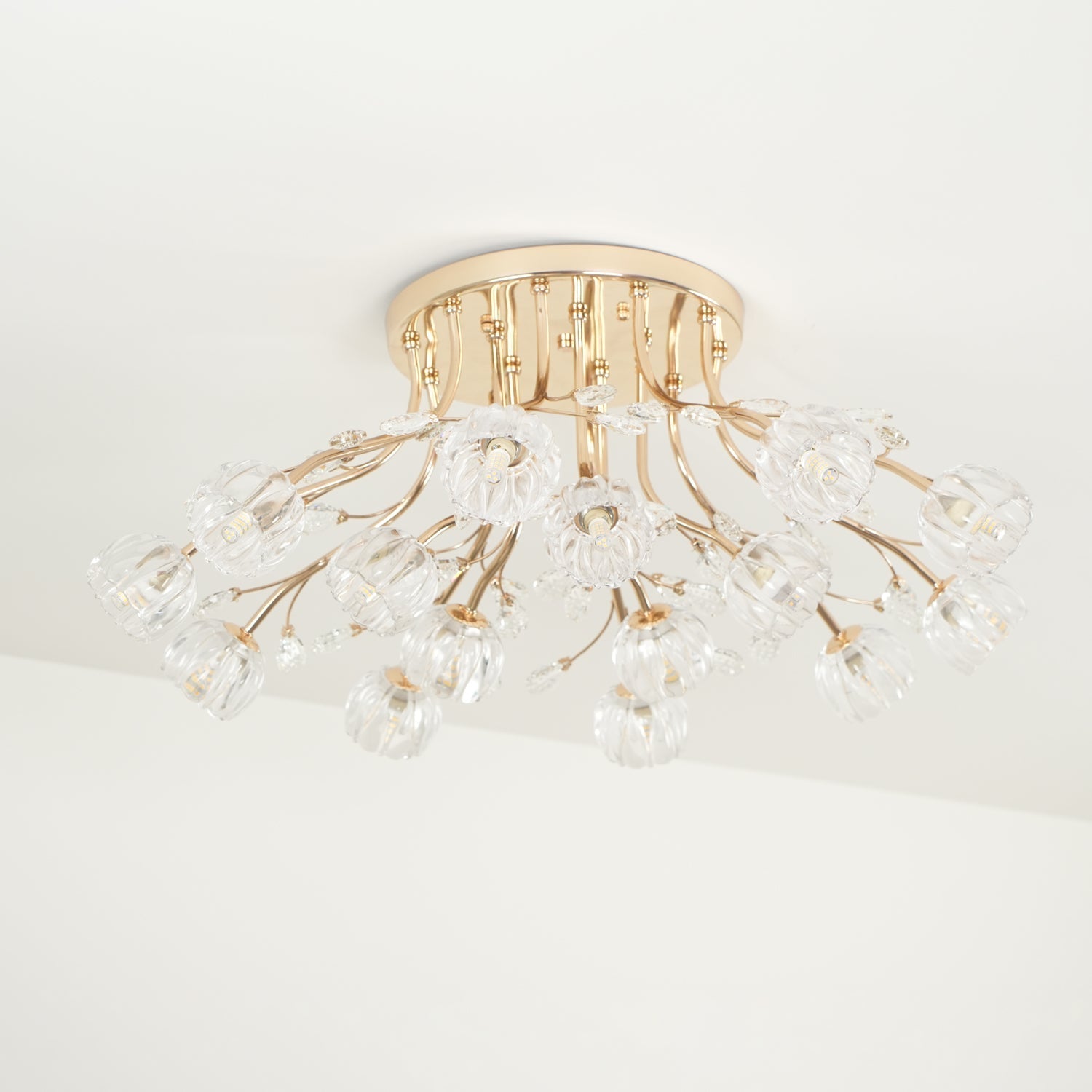 Elegant Luxury Crystal Flower Flush Mount Ceiling Light in Gold Finish