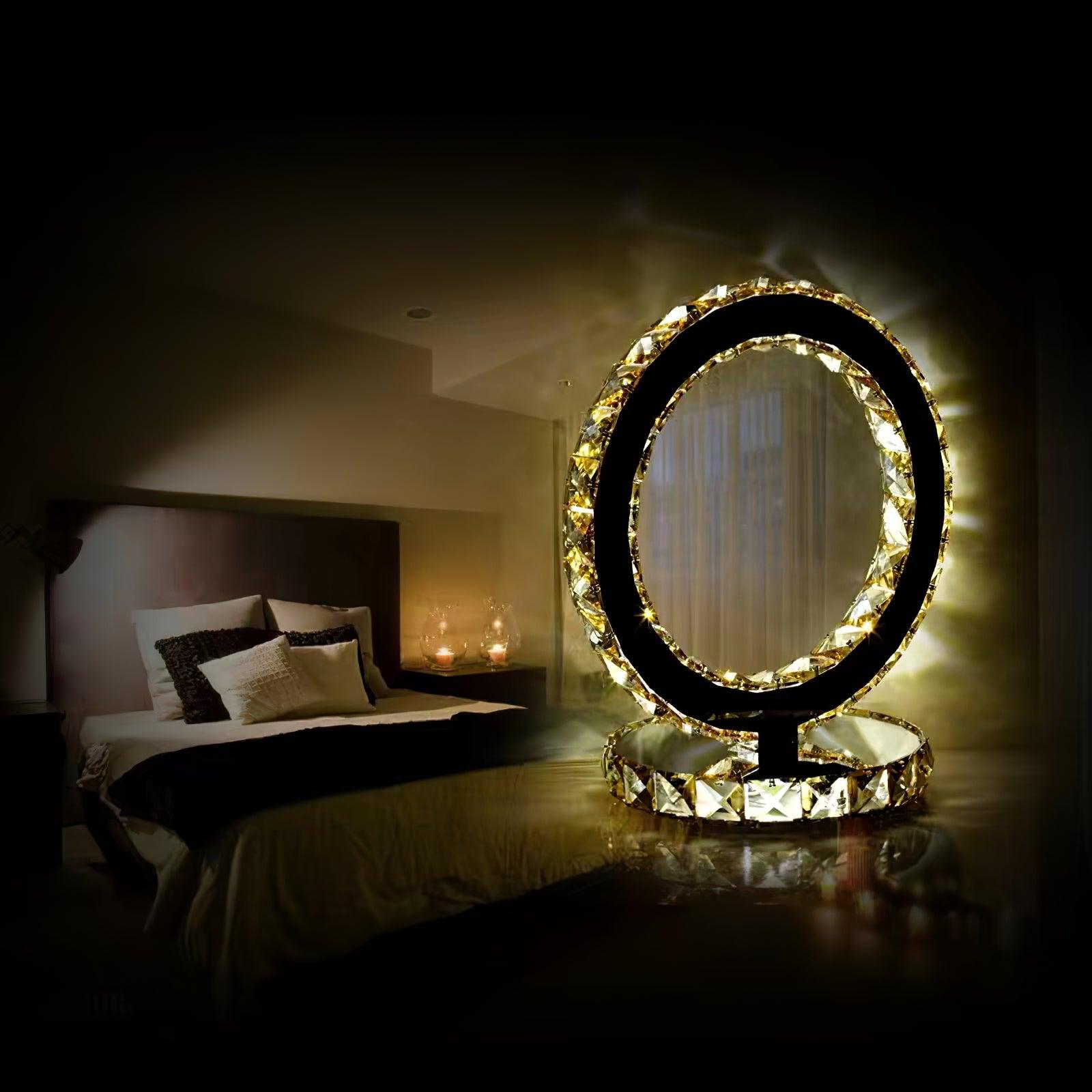 Modern LED Crystal Ring Table Lamp Chrome Finish for Bedroom Nightstand