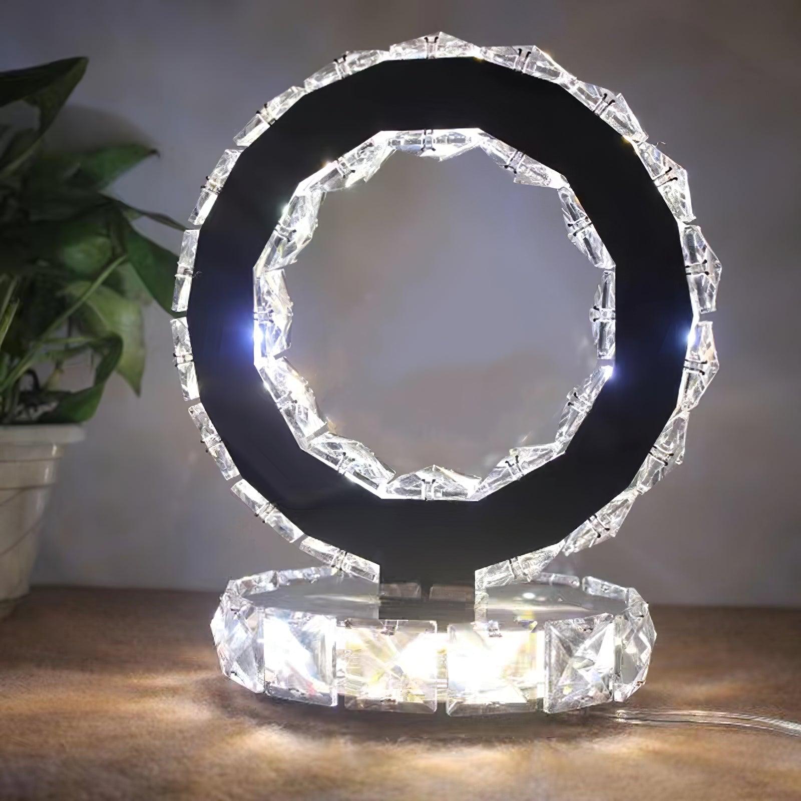 Modern LED Crystal Ring Table Lamp Chrome Finish for Bedroom Nightstand