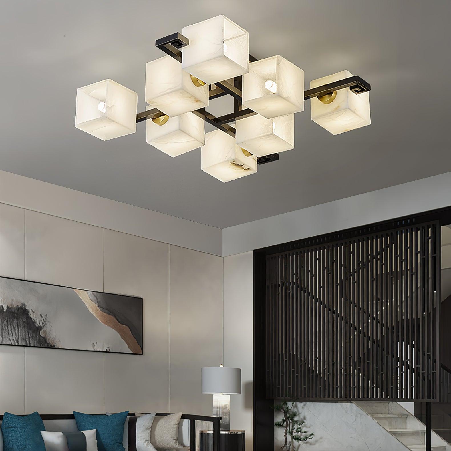 Cubist Alabaster Cluster Flush Mount Ceiling Light Modern Geometric Stone Lamp