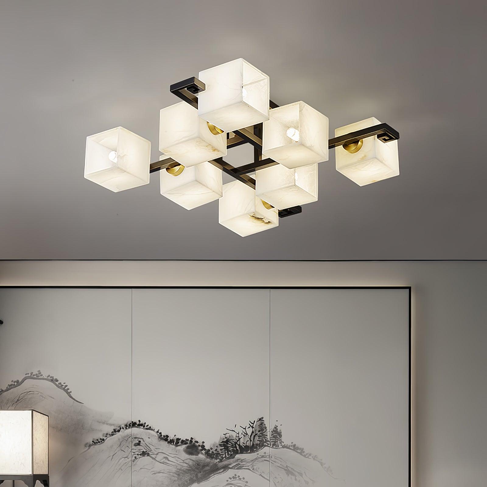 Cubist Alabaster Cluster Flush Mount Ceiling Light Modern Geometric Stone Lamp