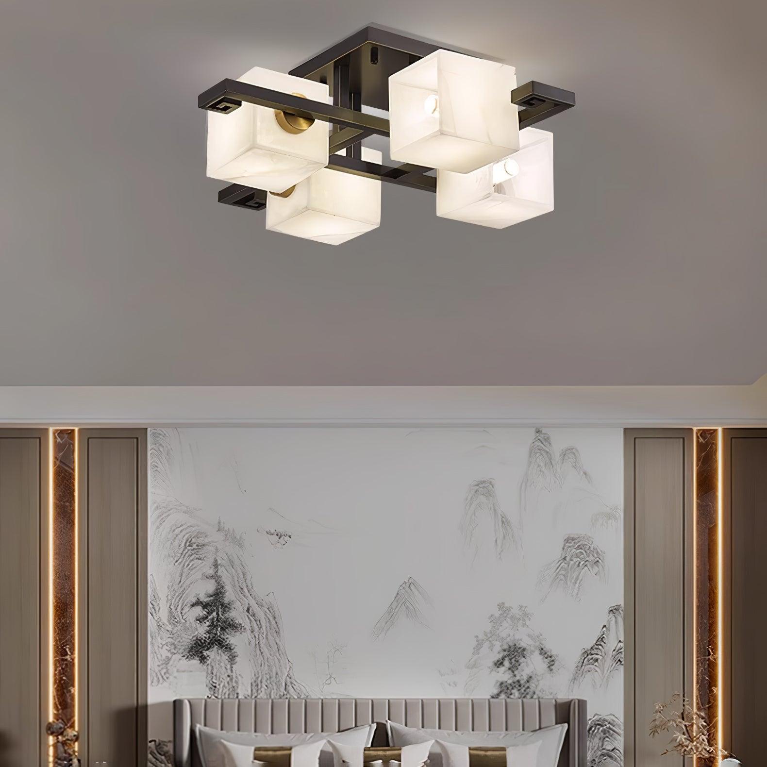 Cubist Alabaster Cluster Flush Mount Ceiling Light Modern Geometric Stone Lamp