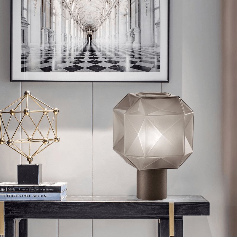 Cubo Artisanal Blown Glass Table Lamp with Smoky Finish and Metal Base