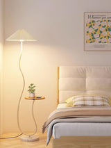 Curvatura Mid Century Modern Floor Lamp with Integrated Wood Side Table and Marble Base