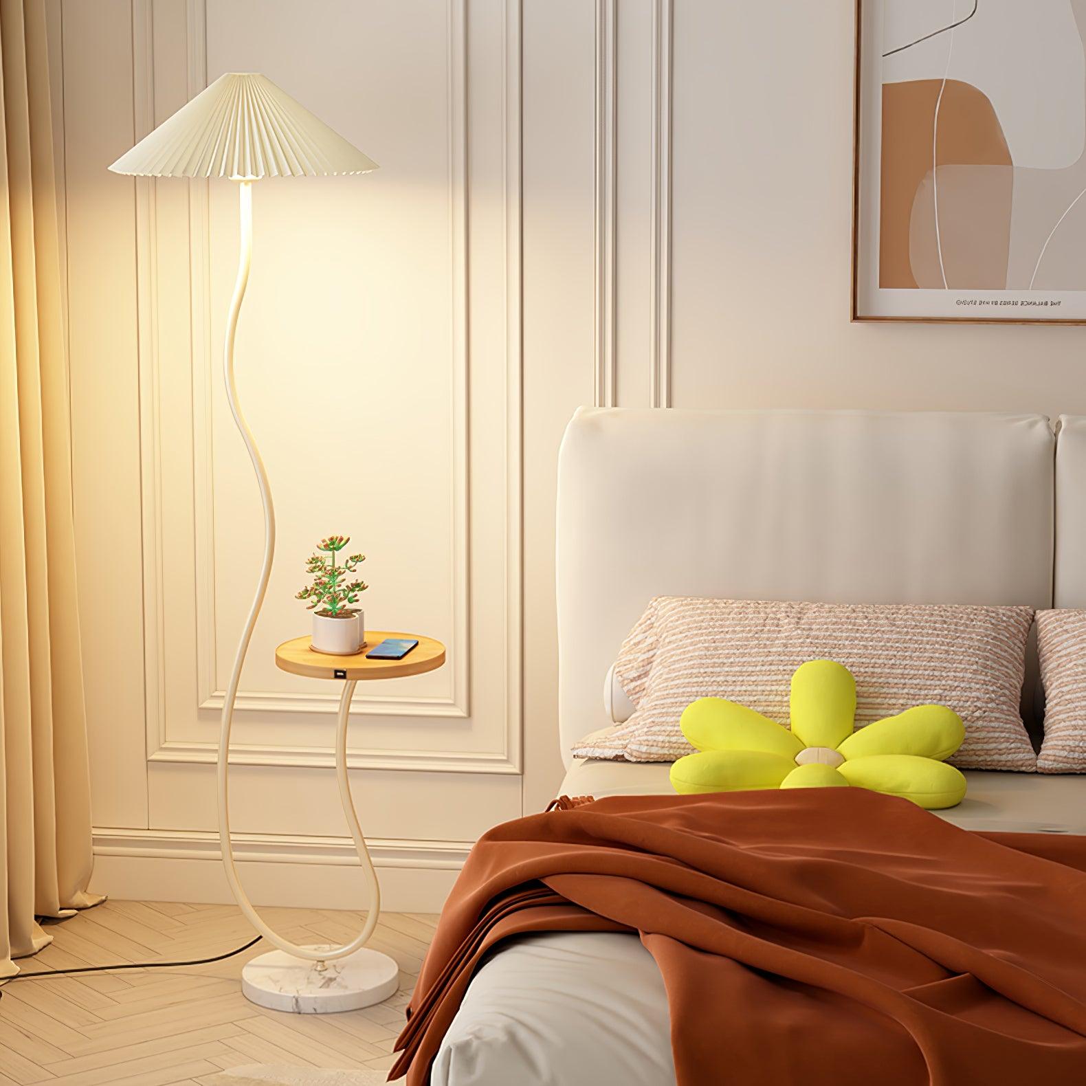 Curvatura Mid Century Modern Floor Lamp with Integrated Wood Side Table and Marble Base