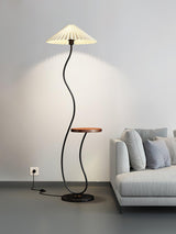 Curvatura Mid Century Modern Floor Lamp with Integrated Wood Side Table and Marble Base