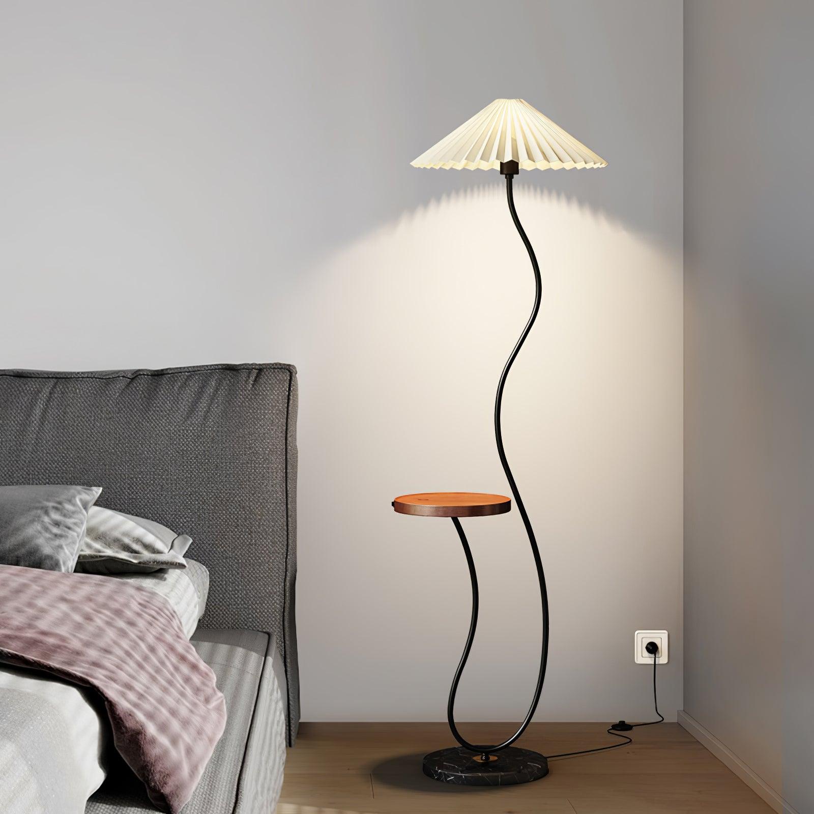 Curvatura Mid Century Modern Floor Lamp with Integrated Wood Side Table and Marble Base