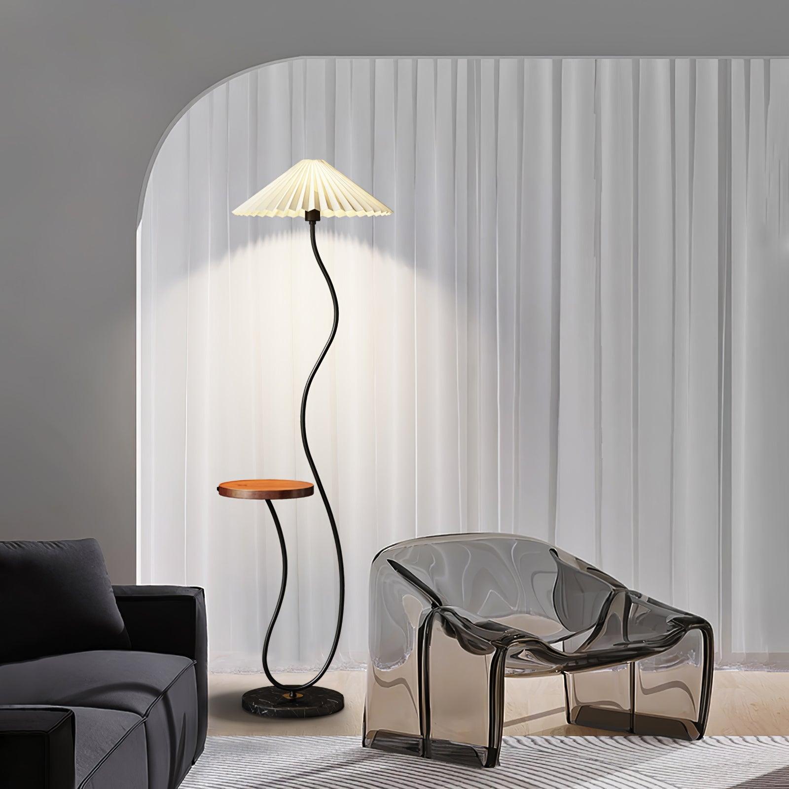 Curvatura Mid Century Modern Floor Lamp with Integrated Wood Side Table and Marble Base