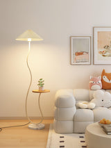 Curvatura Mid Century Modern Floor Lamp with Integrated Wood Side Table and Marble Base