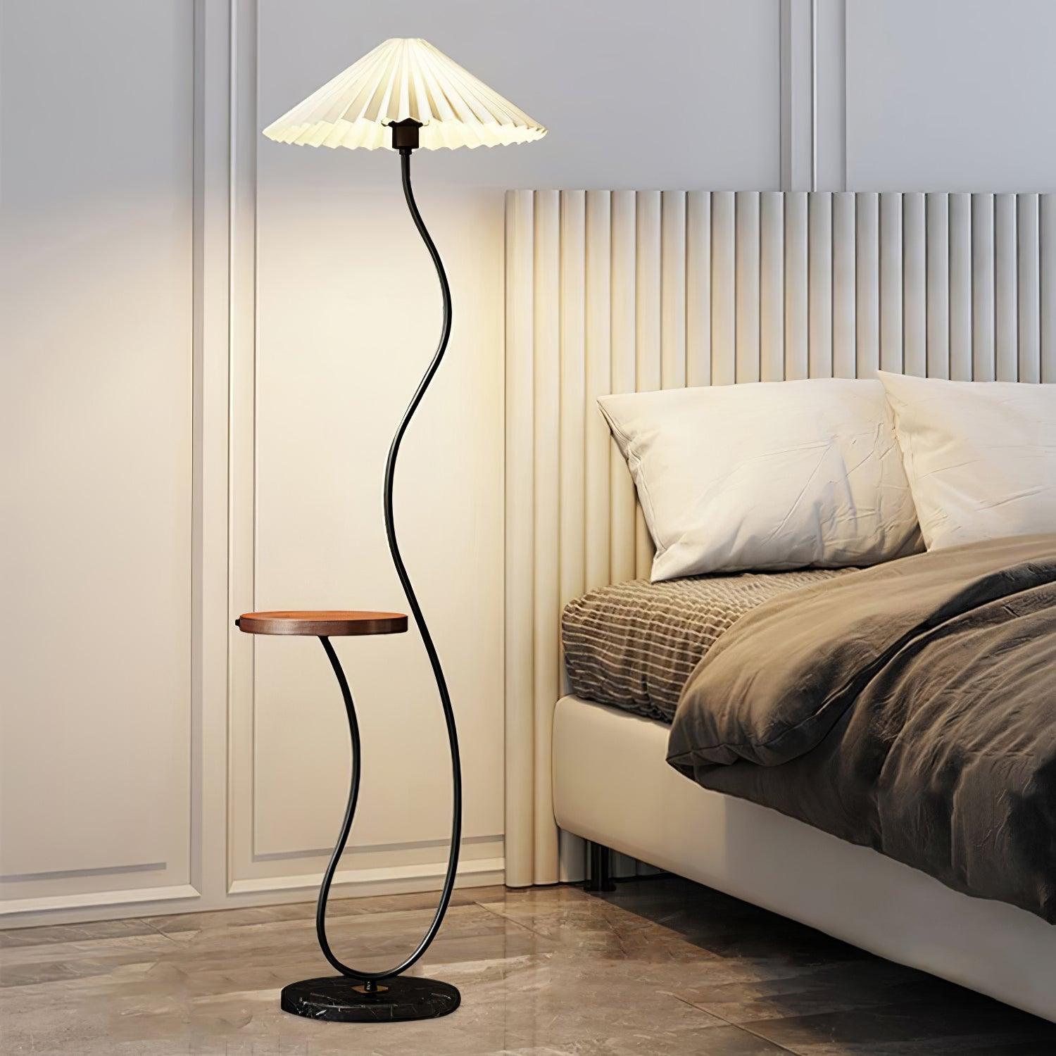Curvatura Mid Century Modern Floor Lamp with Integrated Wood Side Table and Marble Base