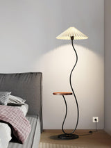 Curvatura Mid Century Modern Floor Lamp with Integrated Wood Side Table and Marble Base