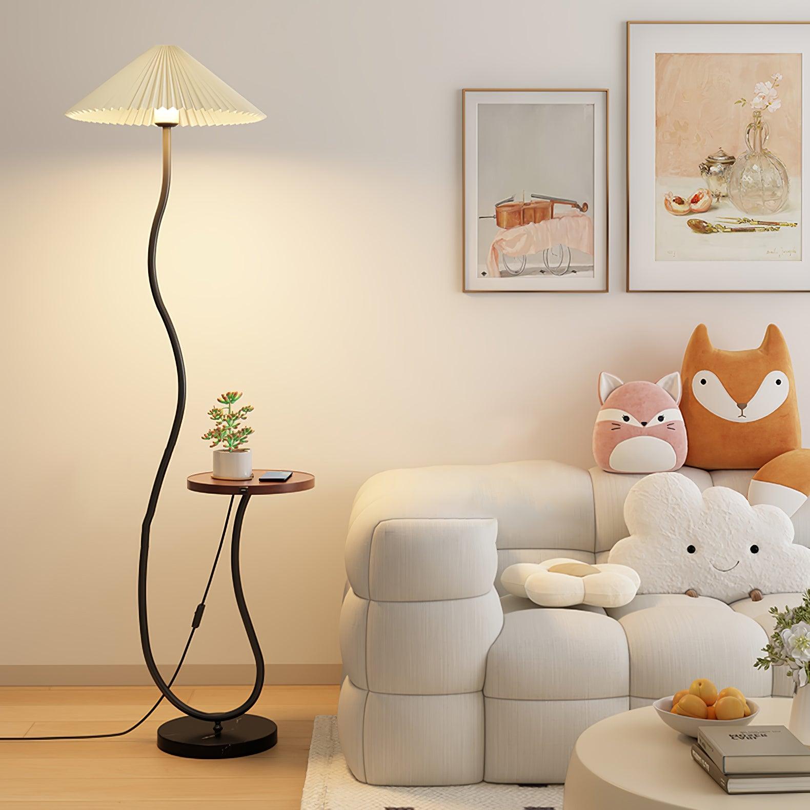 Curvatura Mid Century Modern Floor Lamp with Integrated Wood Side Table and Marble Base