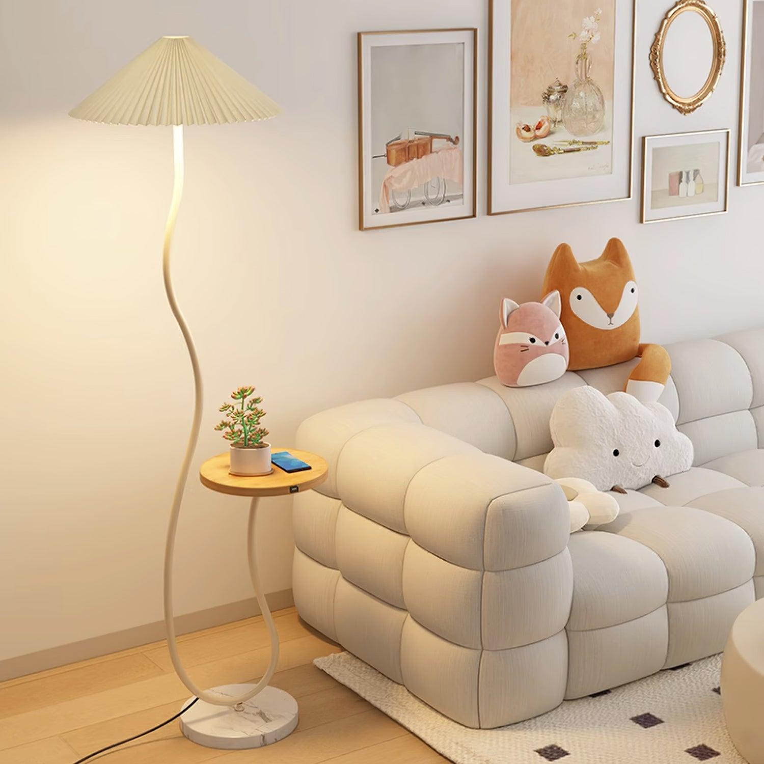 Curvatura Mid Century Modern Floor Lamp with Integrated Wood Side Table and Marble Base
