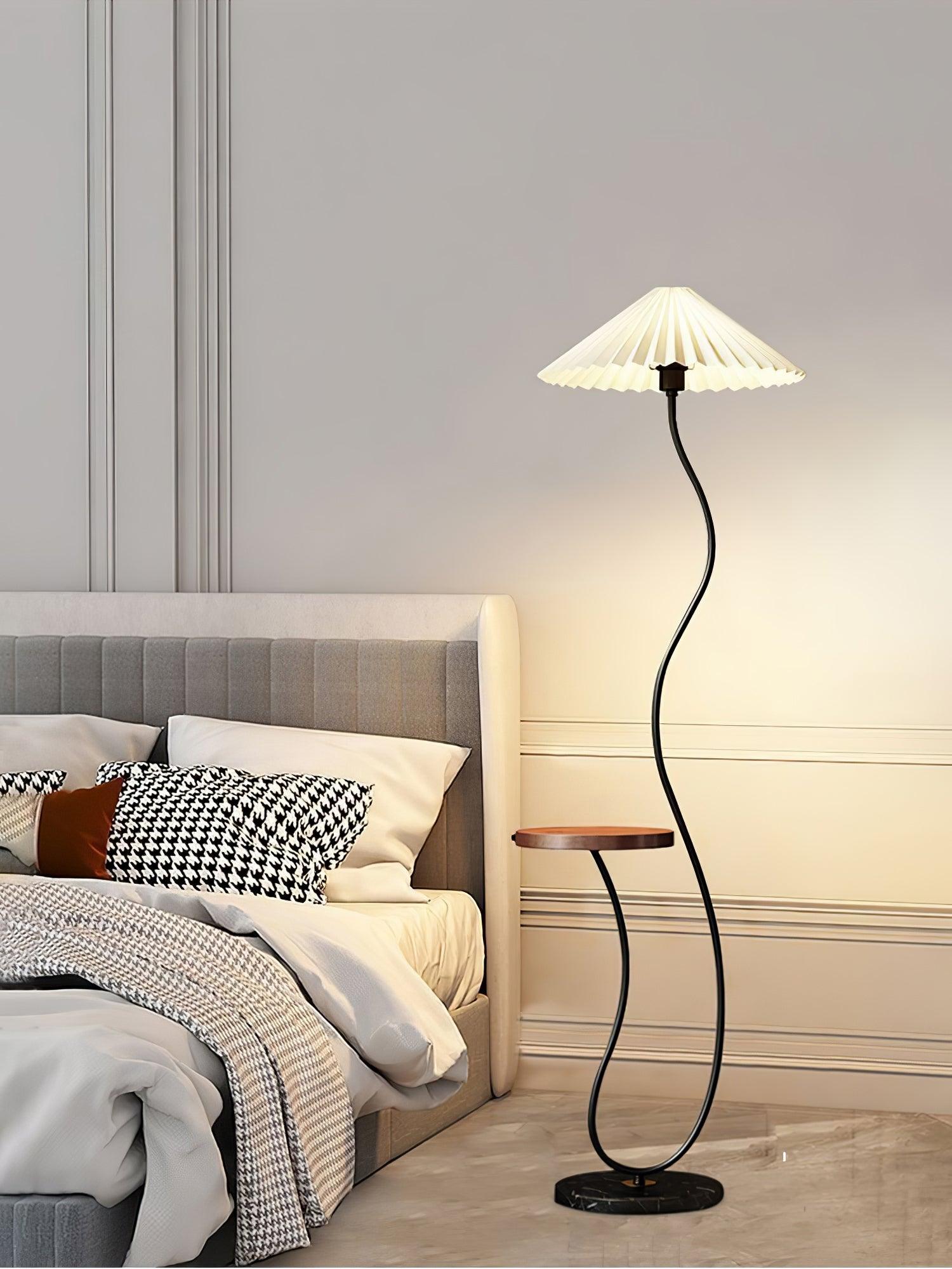 Curvatura Mid Century Modern Floor Lamp with Integrated Wood Side Table and Marble Base