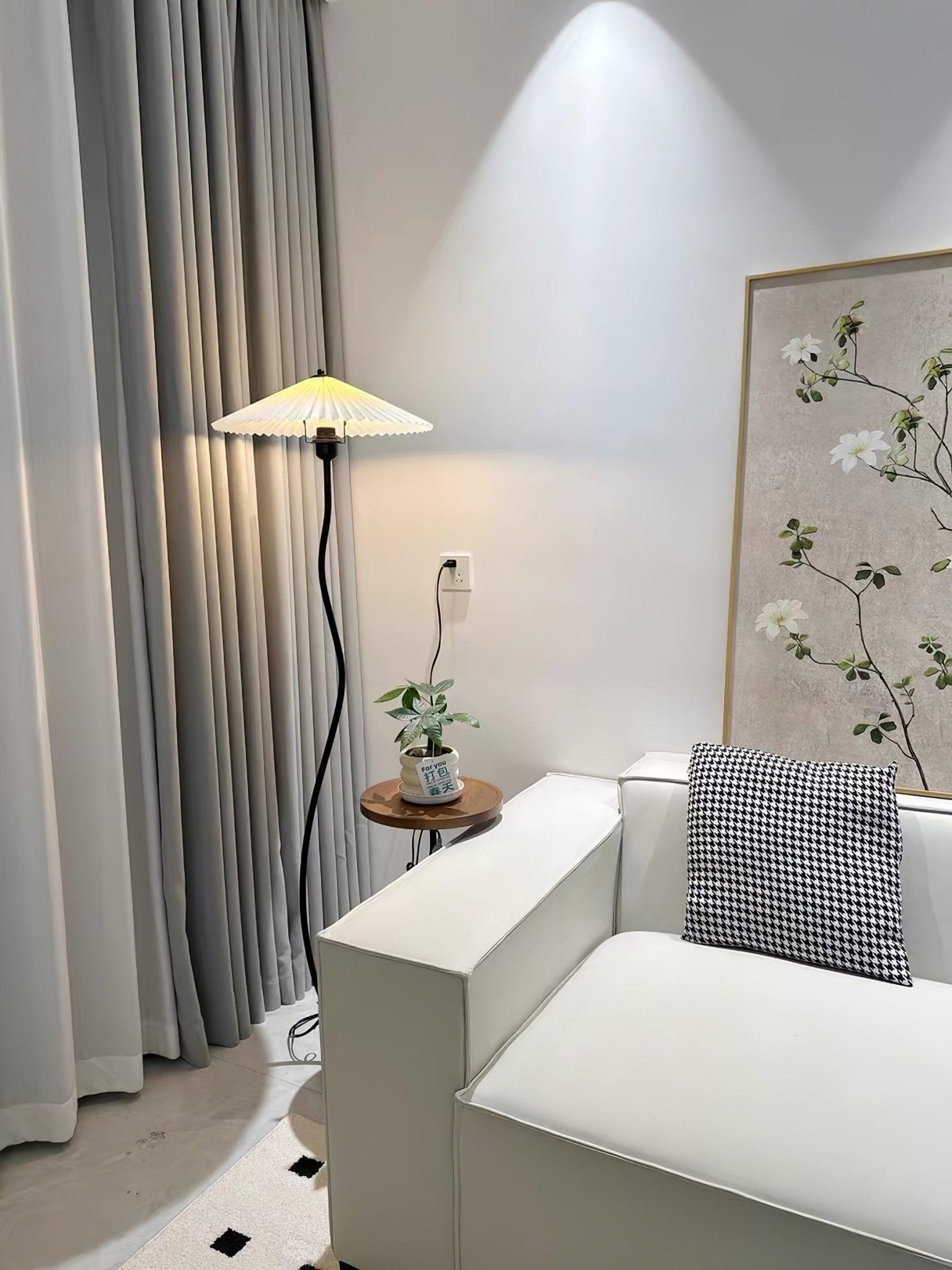 Curvatura Mid Century Modern Floor Lamp with Integrated Wood Side Table and Marble Base