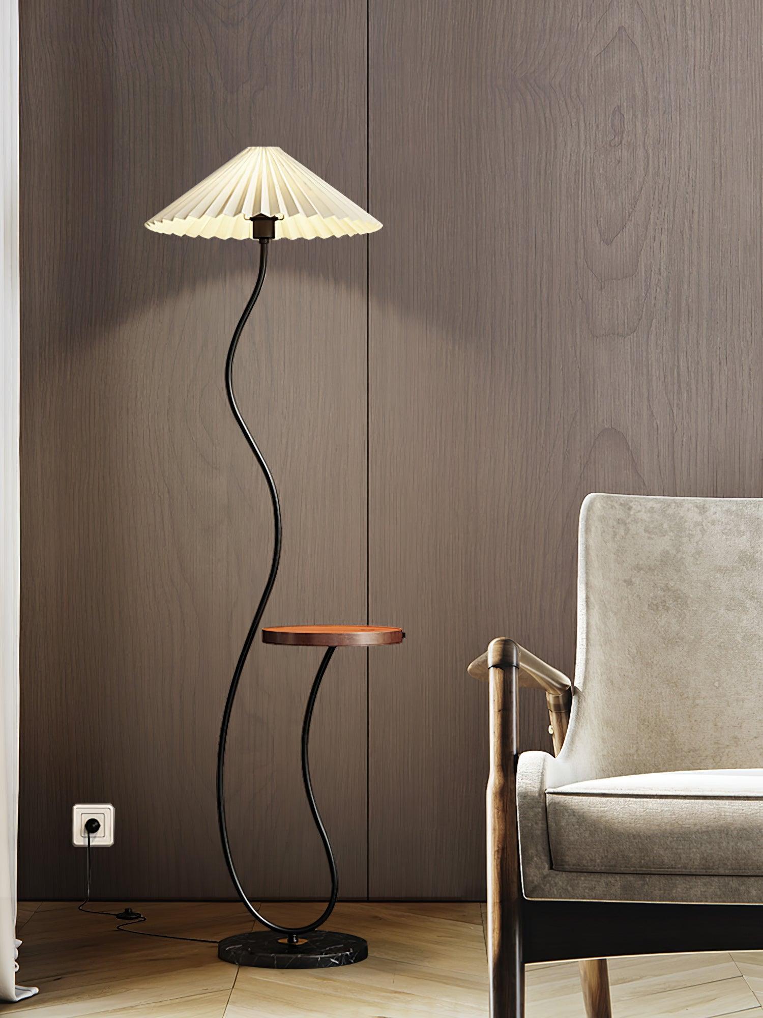 Curvatura Mid Century Modern Floor Lamp with Integrated Wood Side Table and Marble Base