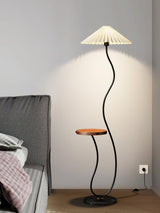 Curvatura Mid Century Modern Floor Lamp with Integrated Wood Side Table and Marble Base