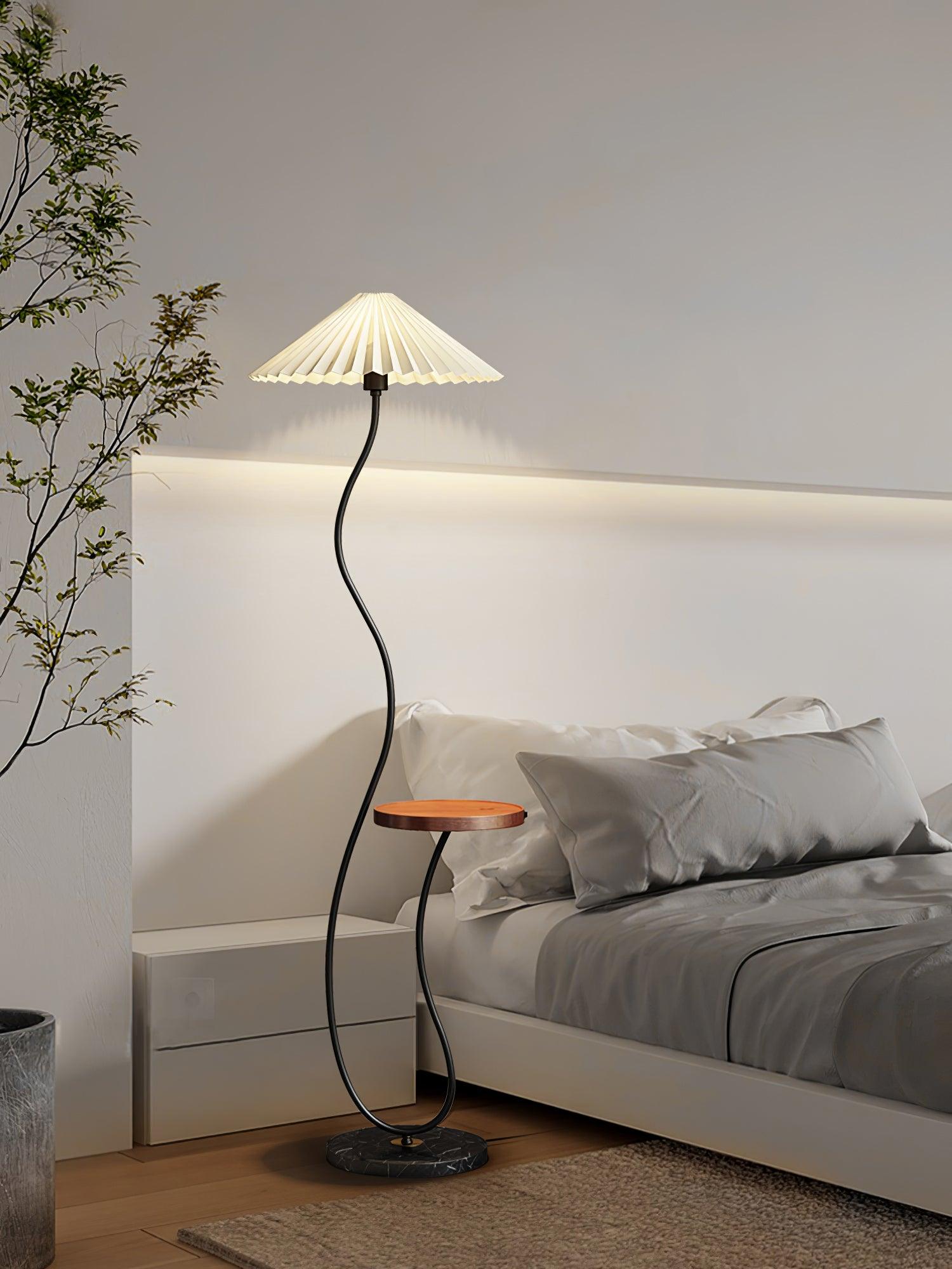Curvatura Mid Century Modern Floor Lamp with Integrated Wood Side Table and Marble Base