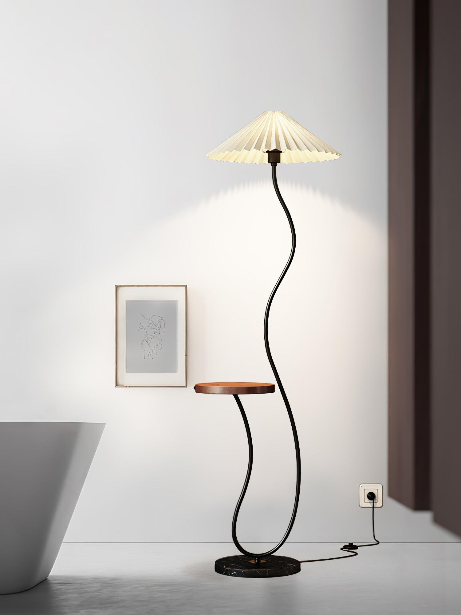 Curvatura Mid Century Modern Floor Lamp with Integrated Wood Side Table and Marble Base