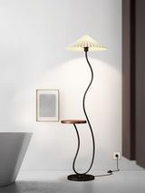Curvatura Mid Century Modern Floor Lamp with Integrated Wood Side Table and Marble Base