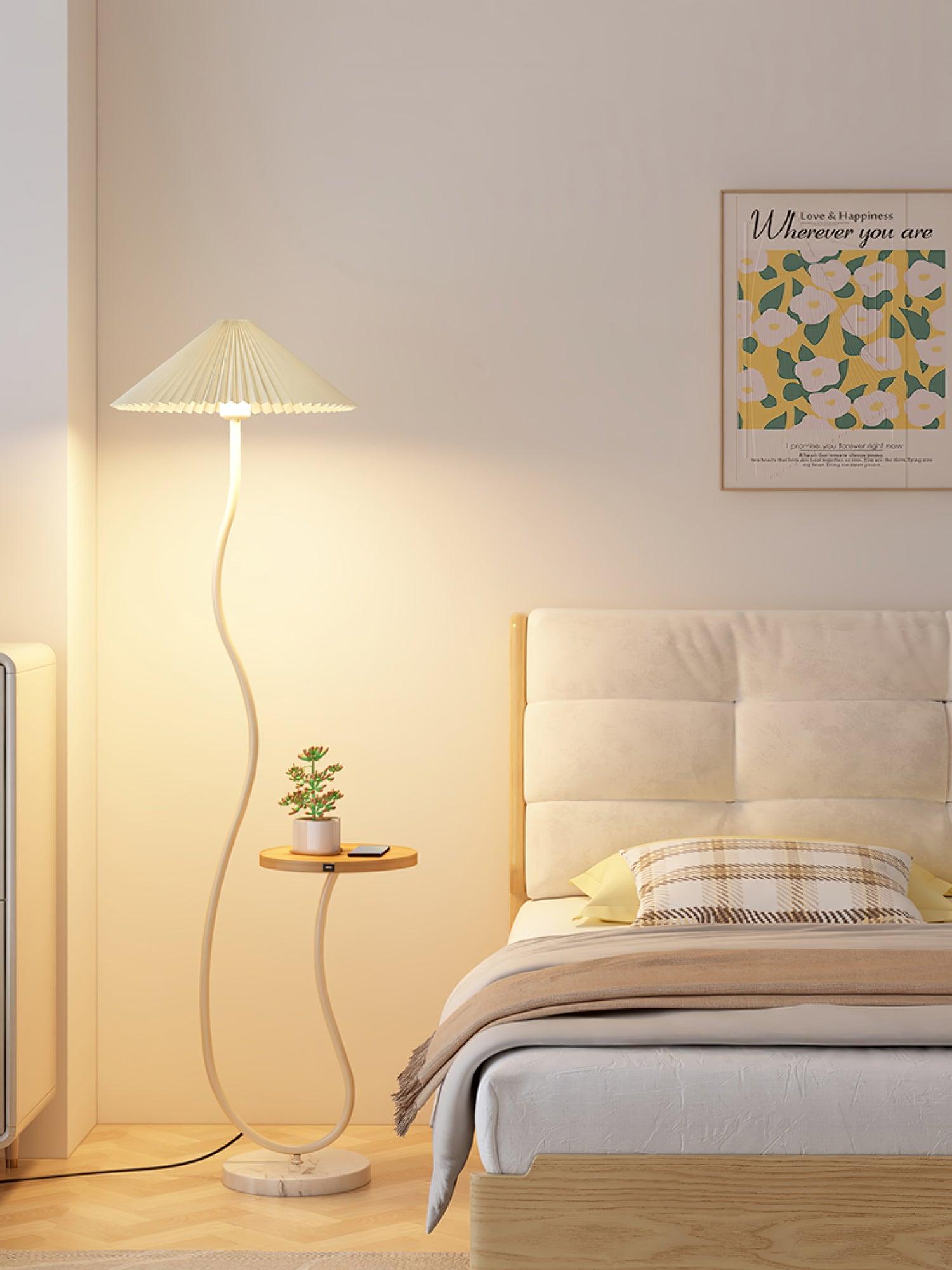 Curvatura Mid Century Modern Floor Lamp with Integrated Wood Side Table and Marble Base