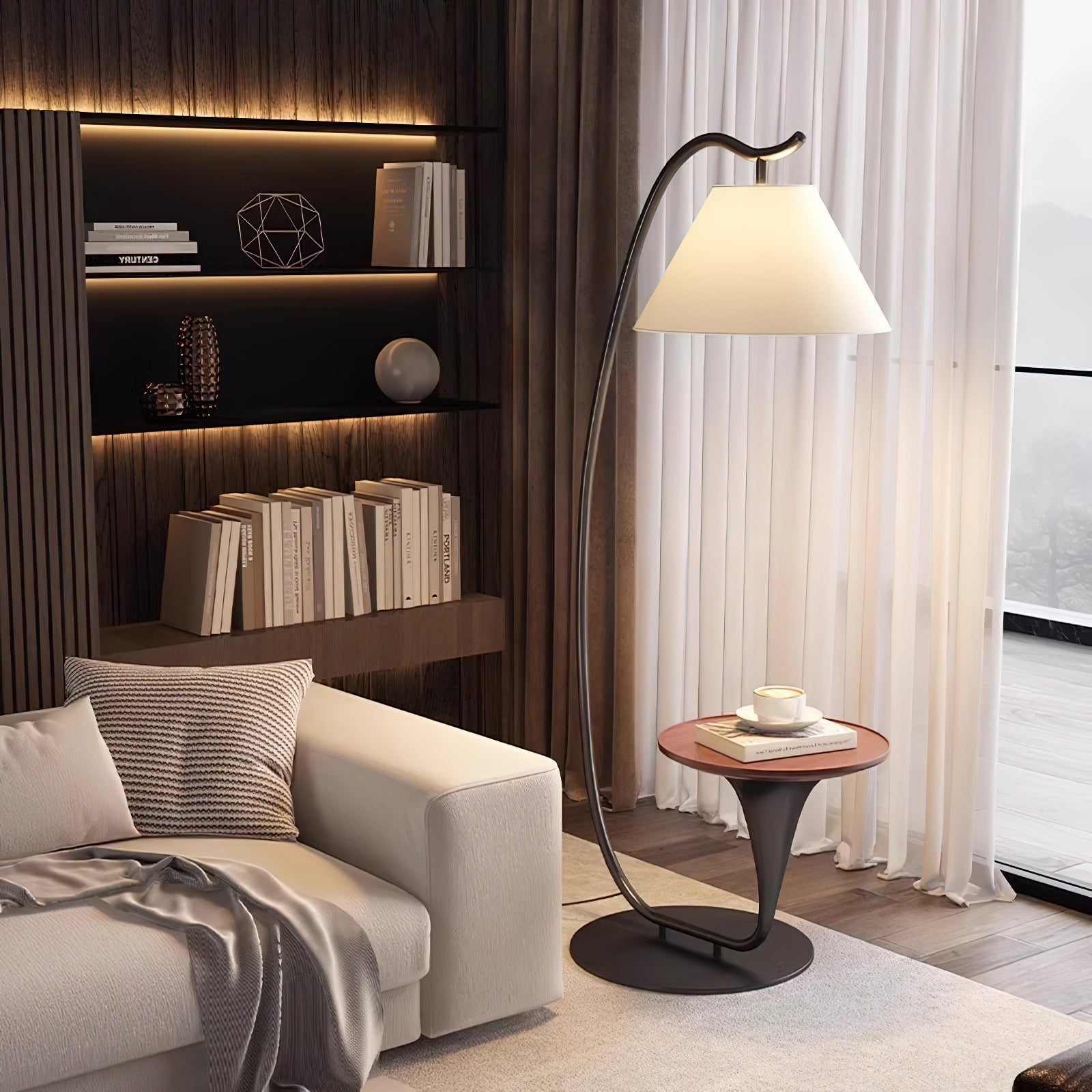 Modern Curved Arc Floor Lamp with Integrated Wood Side Table and Fabric Shade