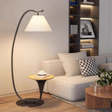 Modern Curved Arc Floor Lamp with Integrated Wood Side Table and Fabric Shade