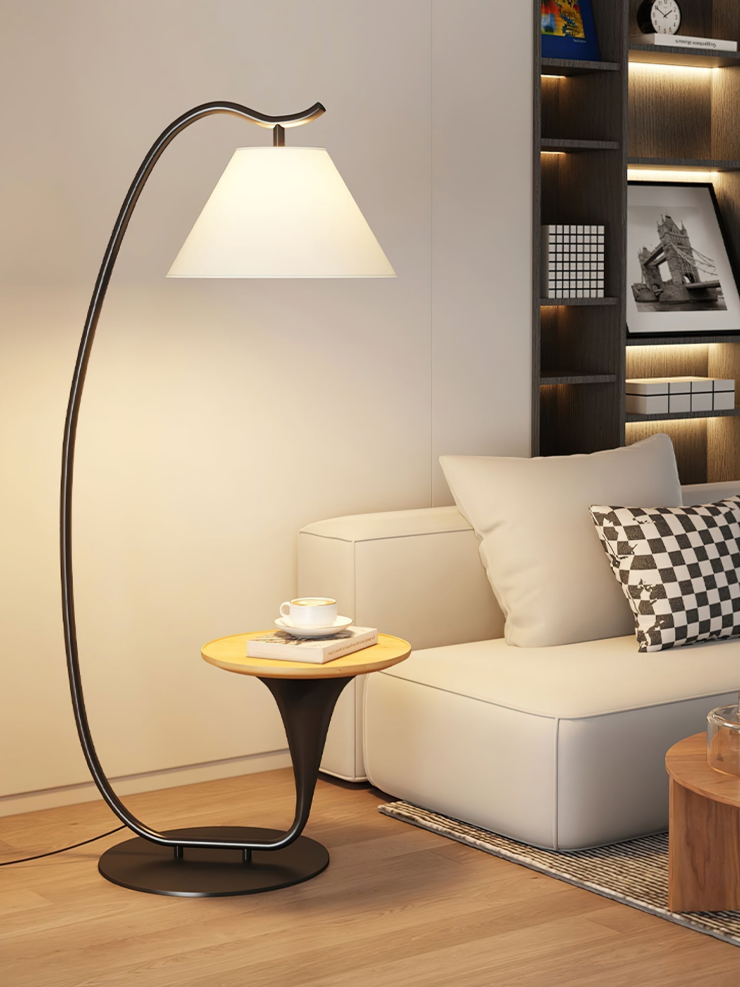 Modern Curved Arc Floor Lamp with Integrated Wood Side Table and Fabric Shade