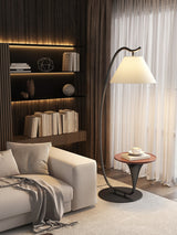 Modern Curved Arc Floor Lamp with Integrated Wood Side Table and Fabric Shade