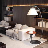 Modern Curved Arc Floor Lamp with Integrated Wood Side Table and Fabric Shade