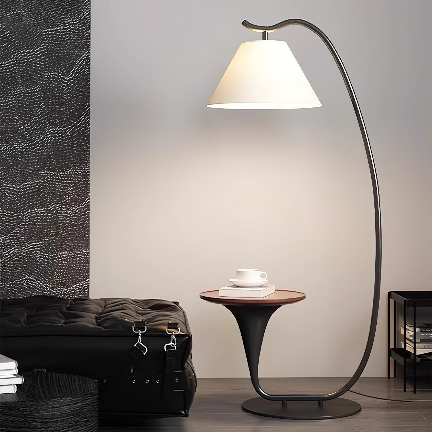 Modern Curved Arc Floor Lamp with Integrated Wood Side Table and Fabric Shade