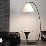 Modern Curved Arc Floor Lamp with Integrated Wood Side Table and Fabric Shade