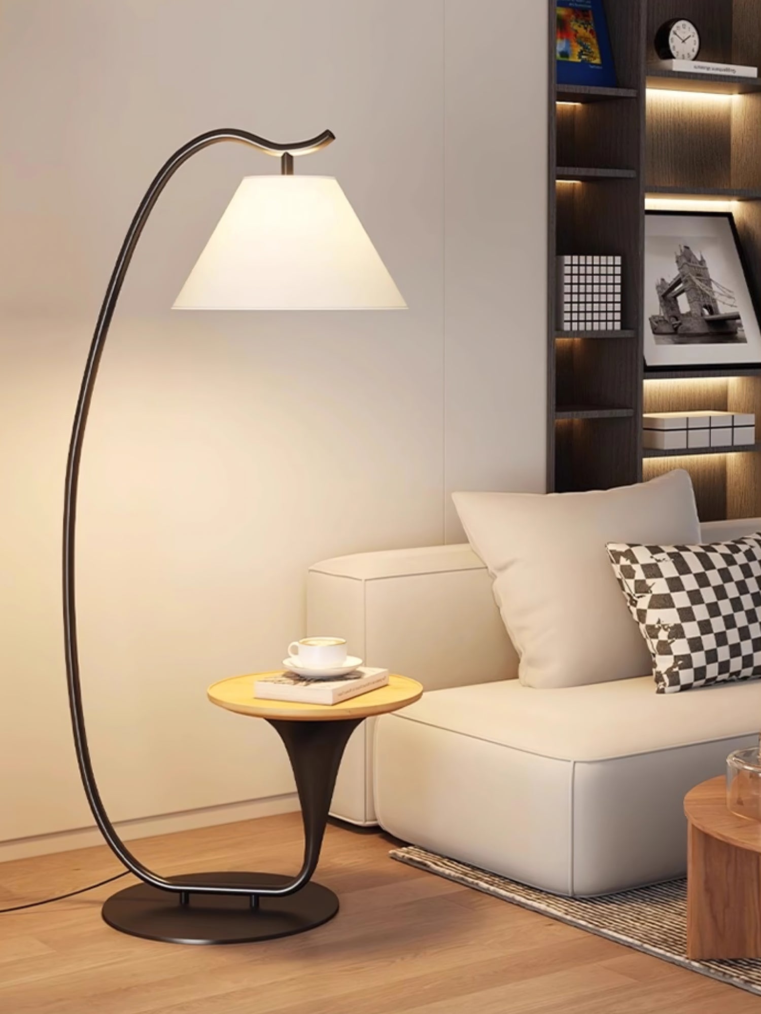 Modern Curved Arc Floor Lamp with Integrated Wood Side Table and Fabric Shade