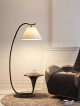 Modern Curved Arc Floor Lamp with Integrated Wood Side Table and Fabric Shade