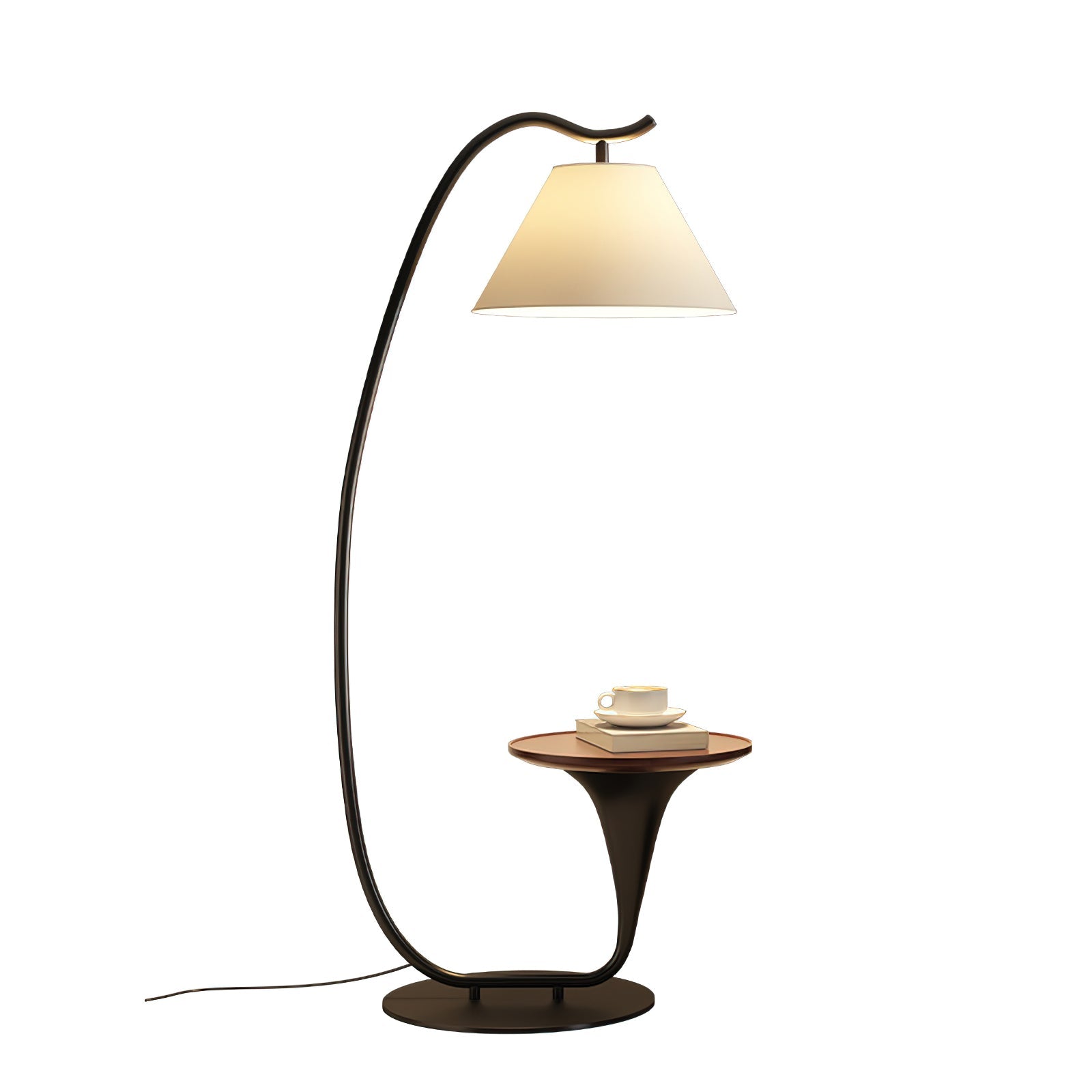 Modern Curved Arc Floor Lamp with Integrated Wood Side Table and Fabric Shade
