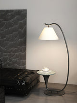 Modern Curved Arc Floor Lamp with Integrated Wood Side Table and Fabric Shade